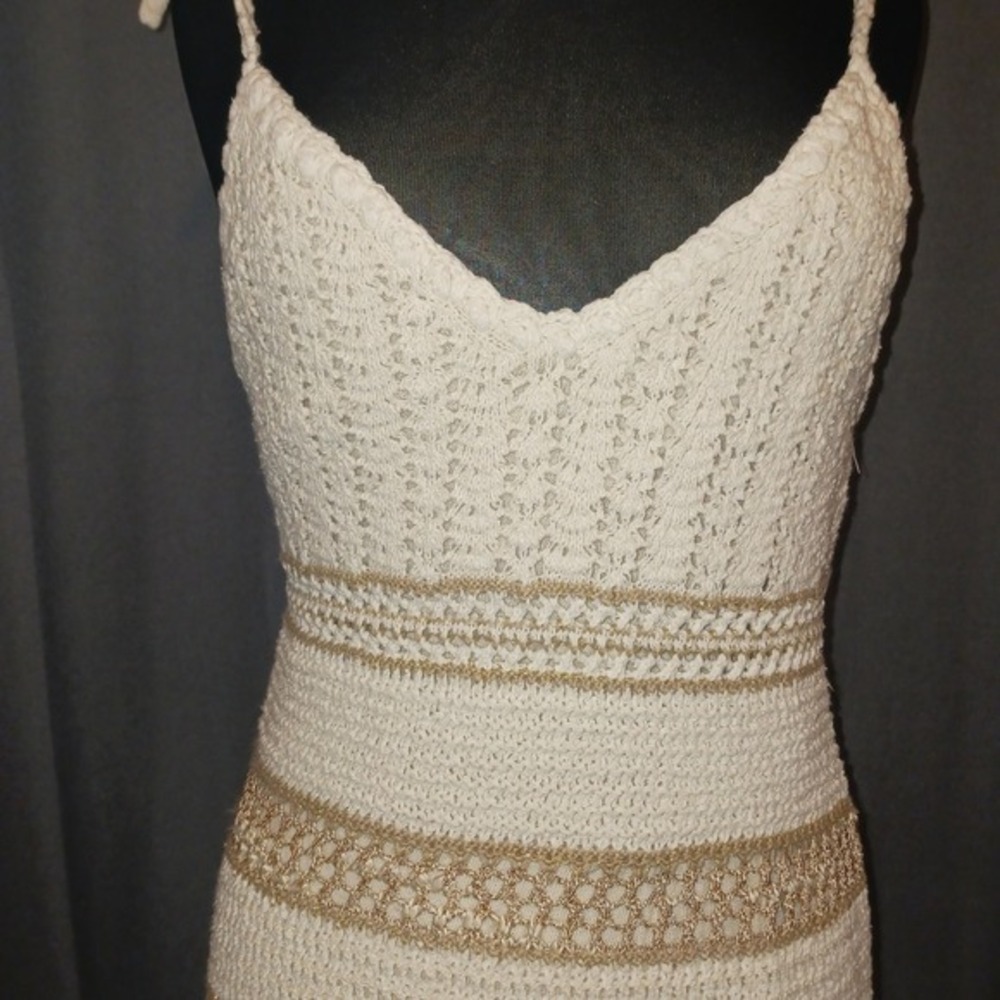 Viviane Furrier Boho Crochet Knit Maxi Dress‎ Metallic Striped Fringed Hem 10 - Picture 2 of 12